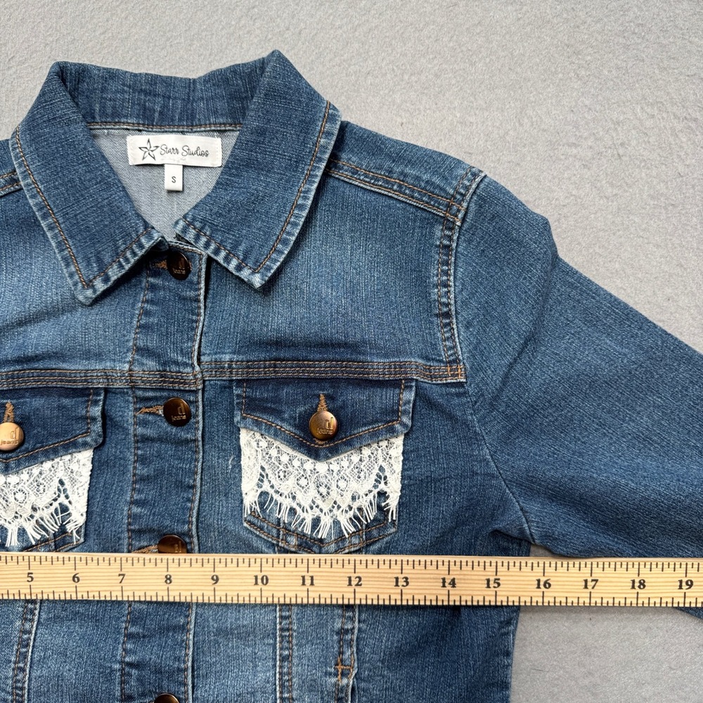 Starr Studios Jacket Women's Small Blue Denim Lace Back Panel Stretch Trucker - Picture 3 of 6